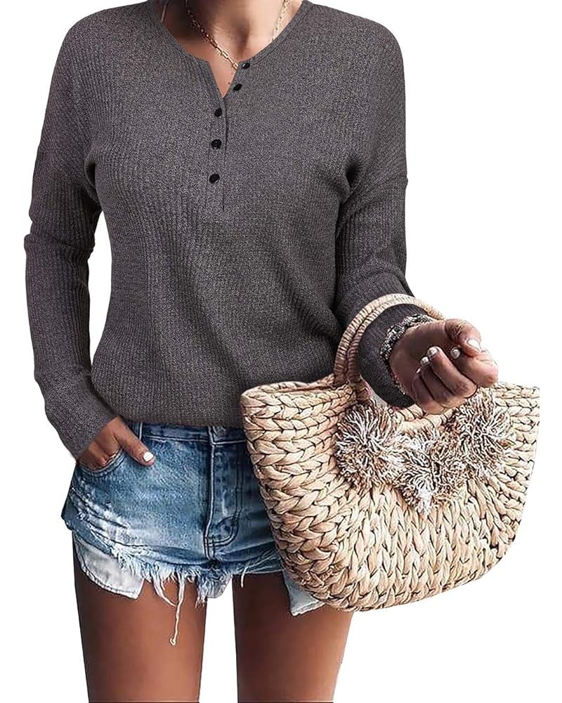 Womens Henley Shirts V Neck Long Sleeve Button Down Tops Warm Waffle Knit Tees Dark Grey $11.94 Others