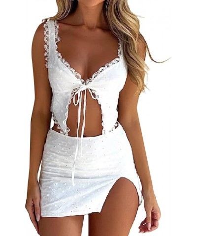 Women Two Piece Skirt Set Sexy Slim Fit Crop Top Low Waist Bodycon Mini Skirts 2 Pc Party Outfit Trendy Clubwear Yc-white Lac...