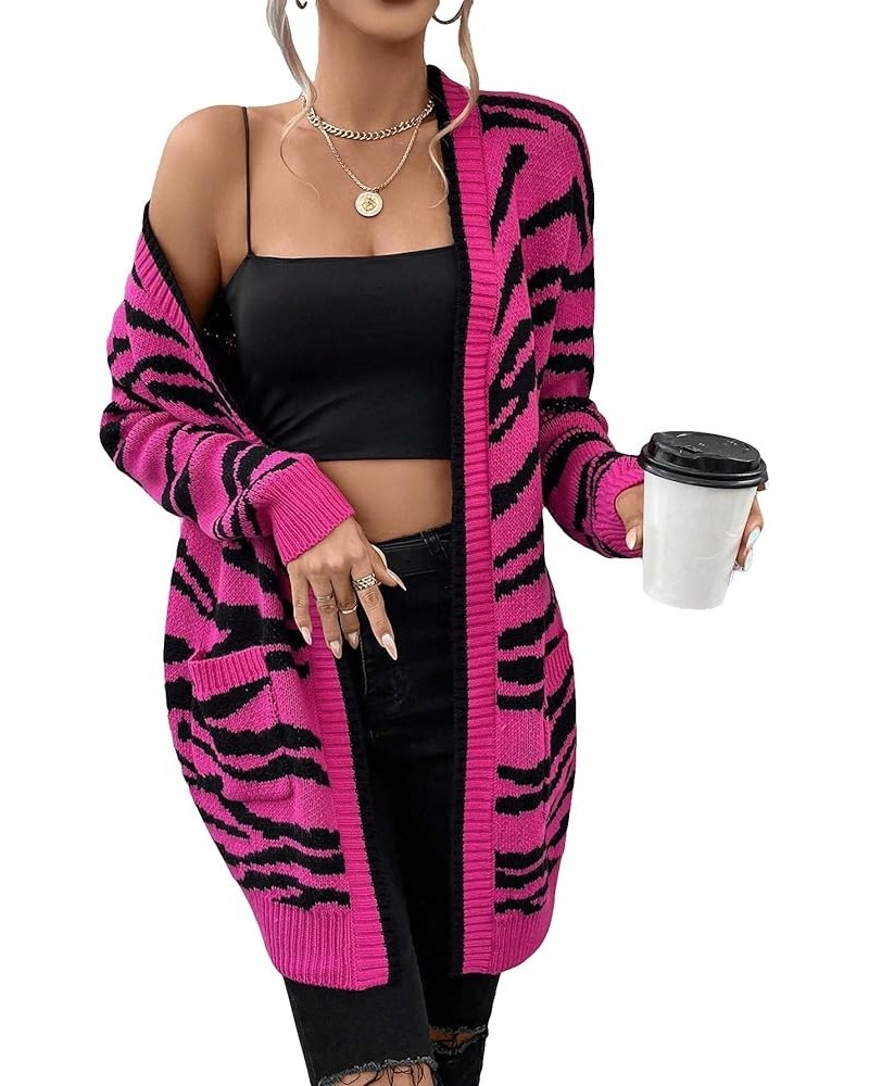 Women's Color Block Long Cardigan Open Front Ribbed Knit Sweaters Outwear Zebra Pink Black $19.74 Sweaters