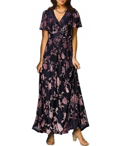 Simplee Women Boho Floral Maxi Dress Flowy Casual V Neck Short Sleeve Wedding Guest Holiday Beach Long Dress Velvet Burnout 4...