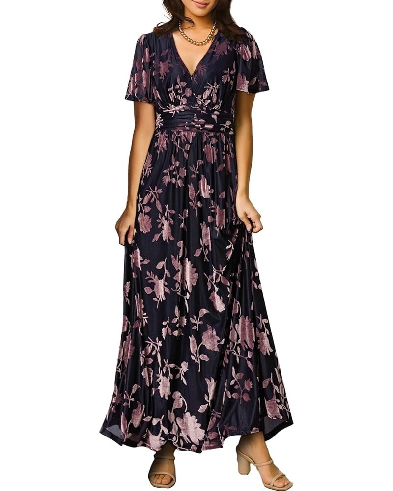 Simplee Women Boho Floral Maxi Dress Flowy Casual V Neck Short Sleeve Wedding Guest Holiday Beach Long Dress Velvet Burnout 4...