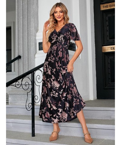 Simplee Women Boho Floral Maxi Dress Flowy Casual V Neck Short Sleeve Wedding Guest Holiday Beach Long Dress Velvet Burnout 4...