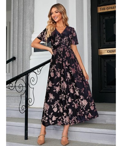 Simplee Women Boho Floral Maxi Dress Flowy Casual V Neck Short Sleeve Wedding Guest Holiday Beach Long Dress Velvet Burnout 4...