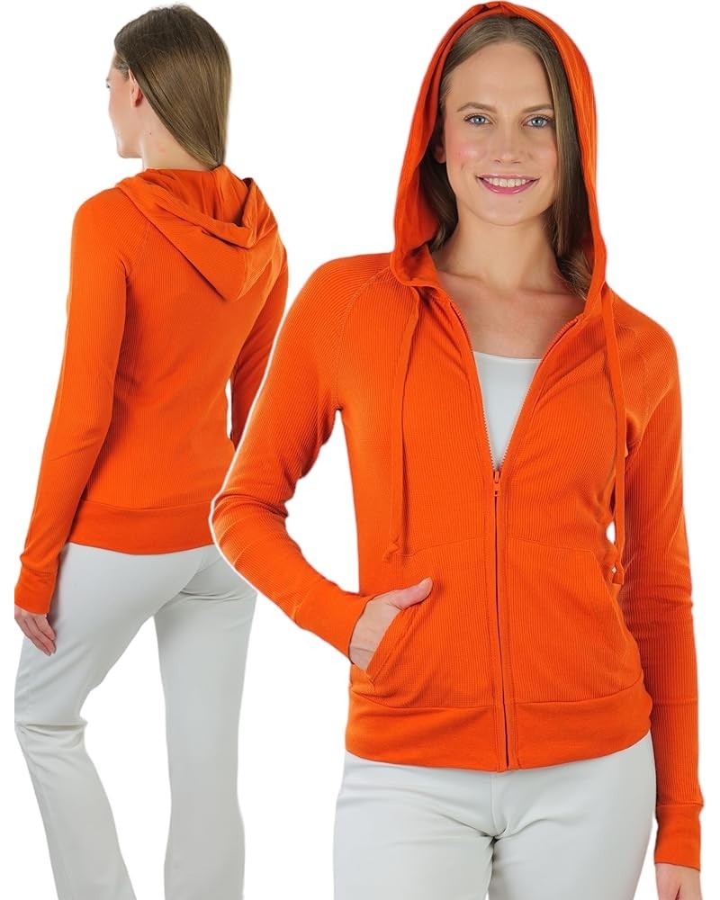 Women’s Velour Terry Active Cropped Zip-Up Jacket with Hood Regular Length Waffle Knit Thermal Hoodie - Orange $11.25 Jackets