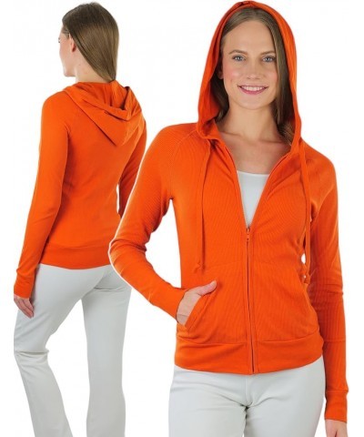 Women’s Velour Terry Active Cropped Zip-Up Jacket with Hood Regular Length Waffle Knit Thermal Hoodie - Orange $11.25 Jackets