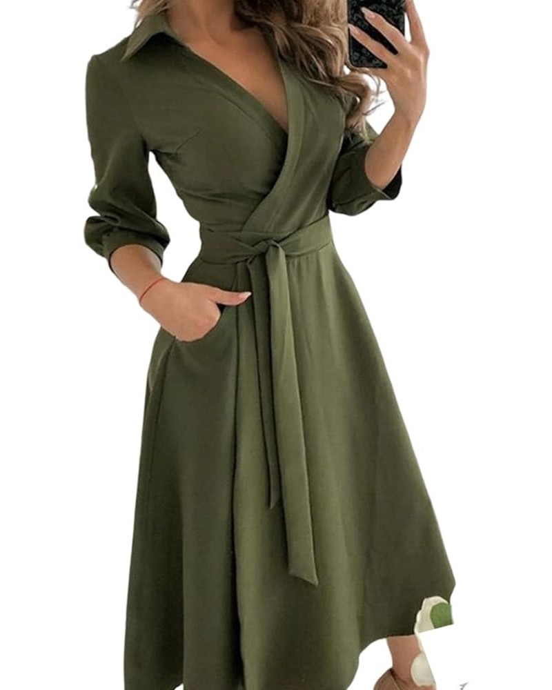 Women's Geometric Color Block 3/4 Rolled-Up Sleeve Shirts Dress Buttons Down Irregular Hem Beach Maxi Dresses Green $16.11 Dr...