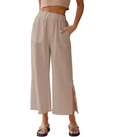 Womens Capri Wide Leg Pants Casual High Waist Linen Palazzo Pants Loose Summer Slacks with Pockets 2024 Khaki $20.99 Pants