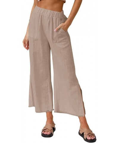 Womens Capri Wide Leg Pants Casual High Waist Linen Palazzo Pants Loose Summer Slacks with Pockets 2024 Khaki $20.99 Pants