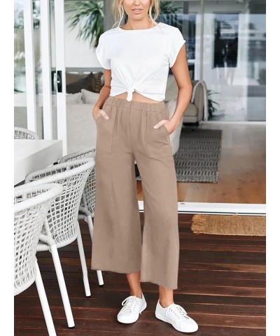 Womens Capri Wide Leg Pants Casual High Waist Linen Palazzo Pants Loose Summer Slacks with Pockets 2024 Khaki $20.99 Pants