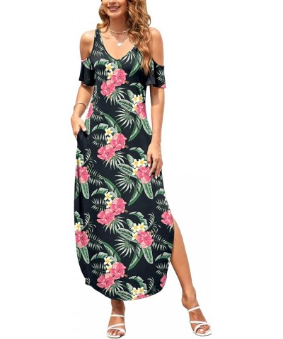 Women's Summer Maxi Dresses V Neck Cold Shoulder Short Sleeve Casual Loose Long Split Dress with Pocket Pink Flower $20.64 Dr...