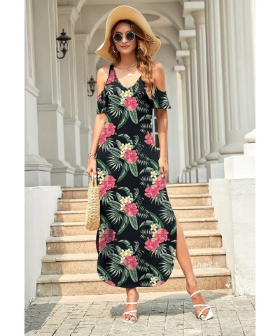 Women's Summer Maxi Dresses V Neck Cold Shoulder Short Sleeve Casual Loose Long Split Dress with Pocket Pink Flower $20.64 Dr...