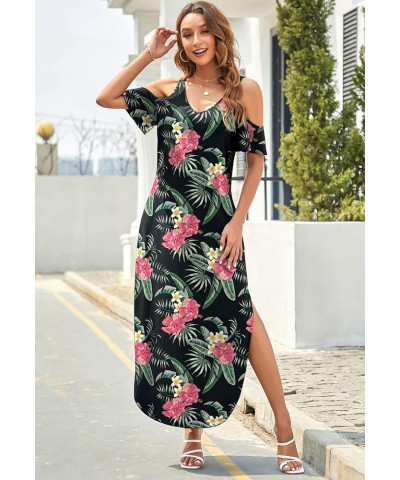 Women's Summer Maxi Dresses V Neck Cold Shoulder Short Sleeve Casual Loose Long Split Dress with Pocket Pink Flower $20.64 Dr...