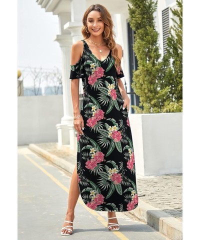 Women's Summer Maxi Dresses V Neck Cold Shoulder Short Sleeve Casual Loose Long Split Dress with Pocket Pink Flower $20.64 Dr...