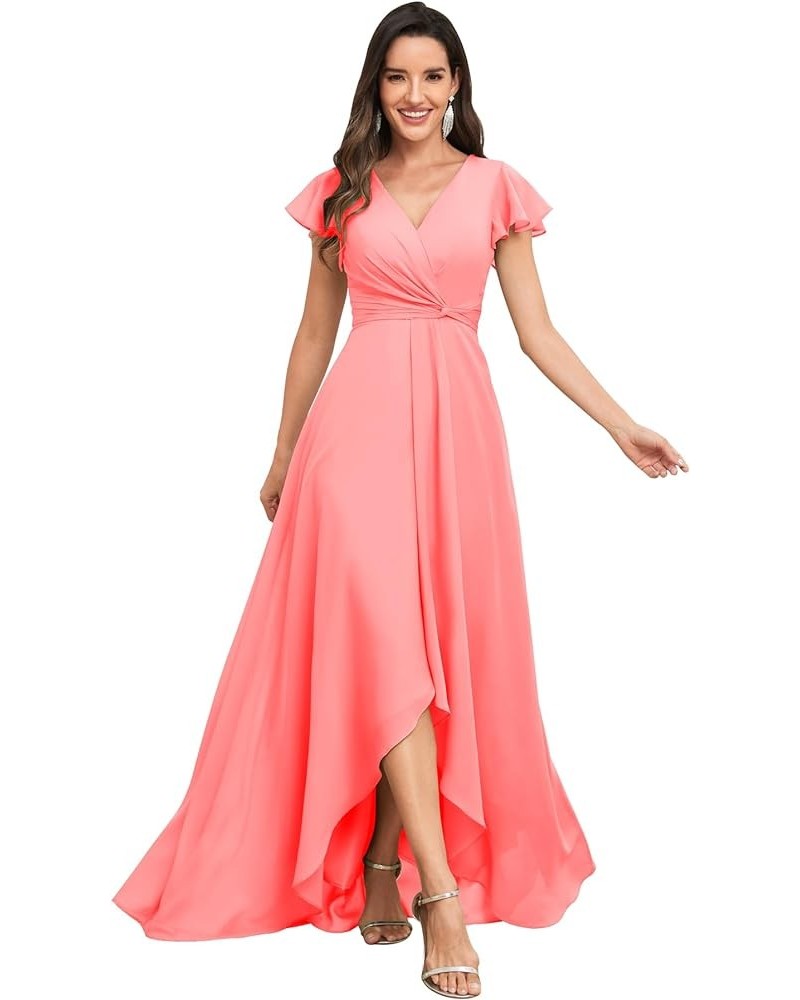 High Low Short Sleeve Bridesmaid Dresses for Women Long Chiffon Pleated V Neck Prom Formal Evening Dress Coral $29.14 Dresses