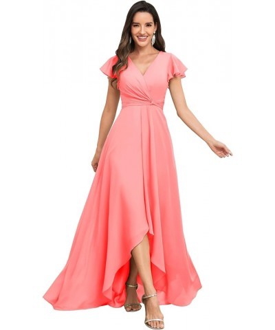 High Low Short Sleeve Bridesmaid Dresses for Women Long Chiffon Pleated V Neck Prom Formal Evening Dress Coral $29.14 Dresses