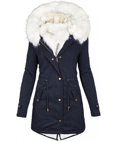 Winter Coats for Women Long Sleeve Lamb Wool Cotton Coat Thick Jacket with Plush Hooded Mid Length Sherpa Outerwear 12 Navy $...