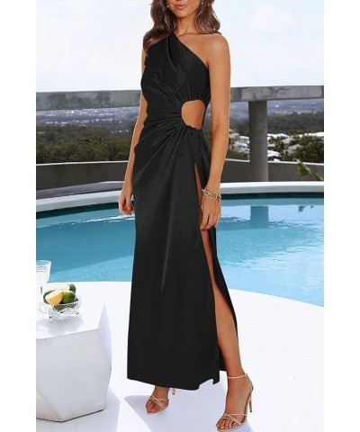 Women's 2024 Summer One Shoulder Satin Dress Cutout High Split Cocktail Wedding Guest Maxi Dresses Black $22.94 Dresses