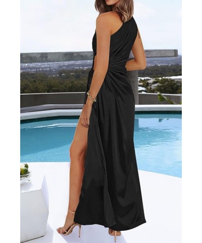 Women's 2024 Summer One Shoulder Satin Dress Cutout High Split Cocktail Wedding Guest Maxi Dresses Black $22.94 Dresses