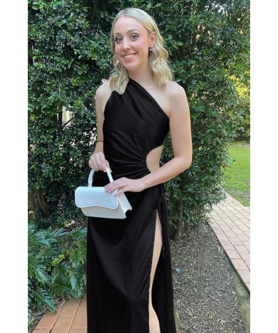 Women's 2024 Summer One Shoulder Satin Dress Cutout High Split Cocktail Wedding Guest Maxi Dresses Black $22.94 Dresses