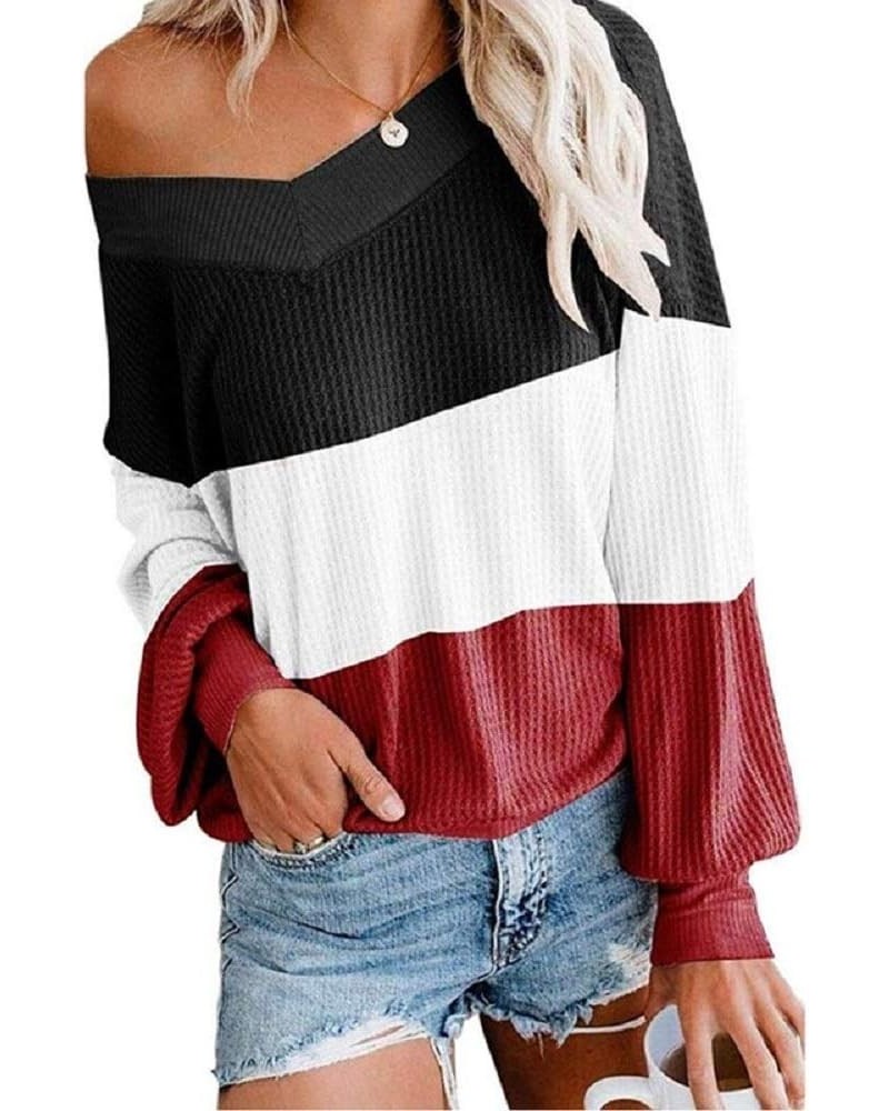 Women's V-Neck Batwing Long Sleeve Waffle Knit T-Shirt Off Shoulder Tops Sweater Splice Black $9.89 Sweaters