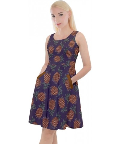 Womens Pineapple Summer Hawaii Fruits Print Casual Knee Length Skater Dress with Pockets, XS-5XL Purple $13.20 Dresses