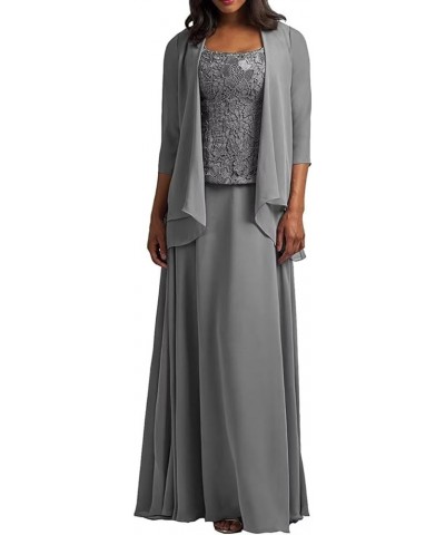 2 Piece Plus Size Mother of The Bride Dress with Jacket Long Chiffon Wedding Guest Formal Party Dresses for Mom Grey $37.50 D...