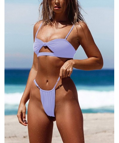 Womens High Waist Swimsuit Brazilian Thong Sexy Bikini Set 2 Piece Triangle Bathing Suit Knot Light Purple $20.29 Swimsuits