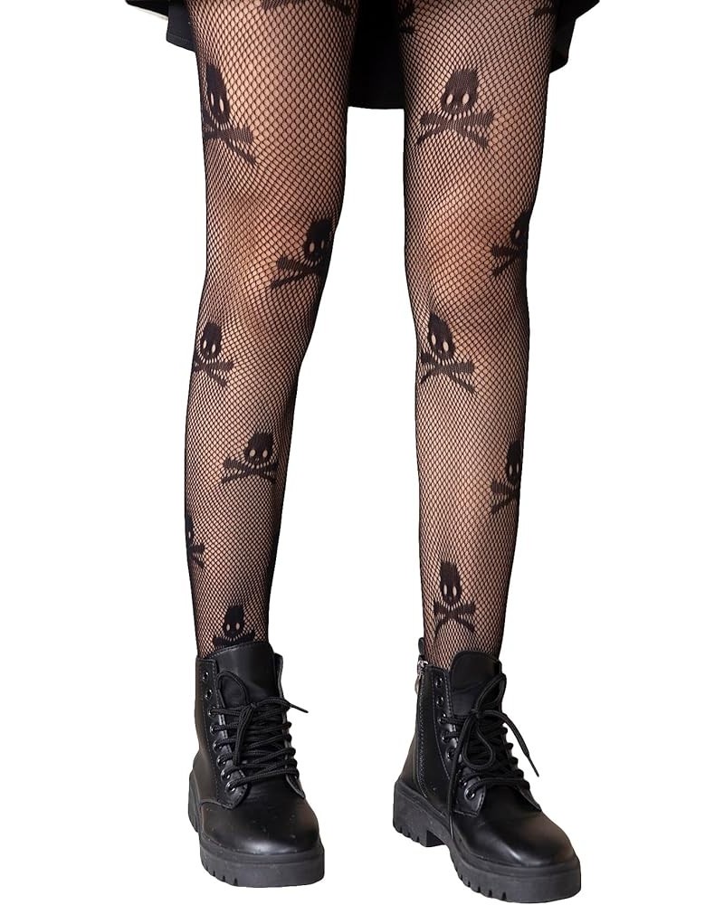 Women's Patterned Fishnet Tights High Waist Pantyhose Floral Stockings Skull Black $10.61 Socks