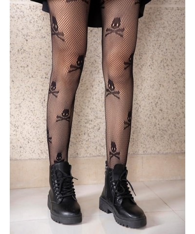 Women's Patterned Fishnet Tights High Waist Pantyhose Floral Stockings Skull Black $10.61 Socks