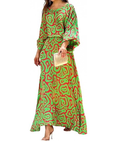 Womens Chiffon Two Piece Sets Maxi Dress Flowy Printed Long Sleeve High Waist Top and Long Skirt Casual Set Grass Green & Red...