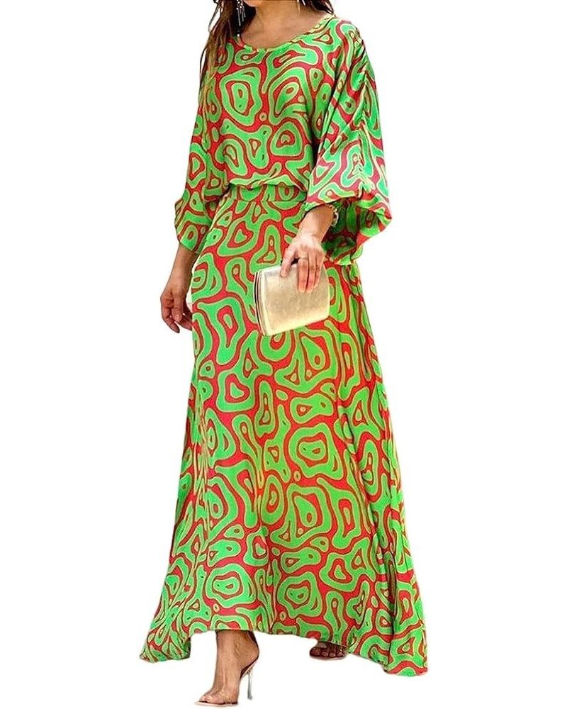 Womens Chiffon Two Piece Sets Maxi Dress Flowy Printed Long Sleeve High Waist Top and Long Skirt Casual Set Grass Green & Red...