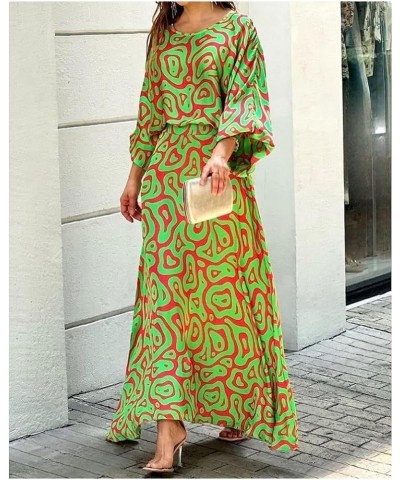 Womens Chiffon Two Piece Sets Maxi Dress Flowy Printed Long Sleeve High Waist Top and Long Skirt Casual Set Grass Green & Red...