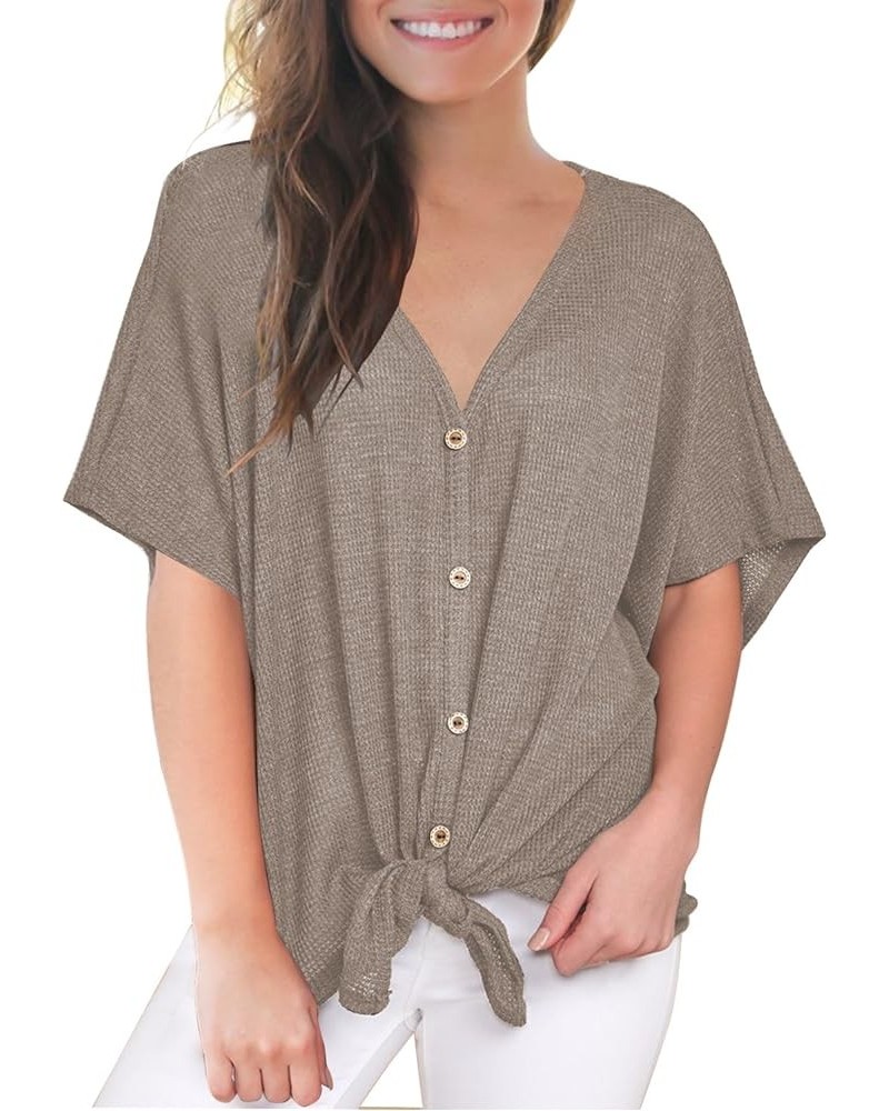 Womens Loose Blouse Short Sleeve V Neck Button Down T Shirts Tie Front Knot Casual Tops A3 Coffee $20.29 Blouses