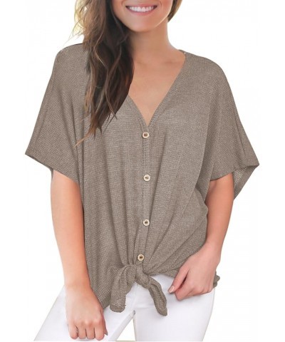 Womens Loose Blouse Short Sleeve V Neck Button Down T Shirts Tie Front Knot Casual Tops A3 Coffee $20.29 Blouses