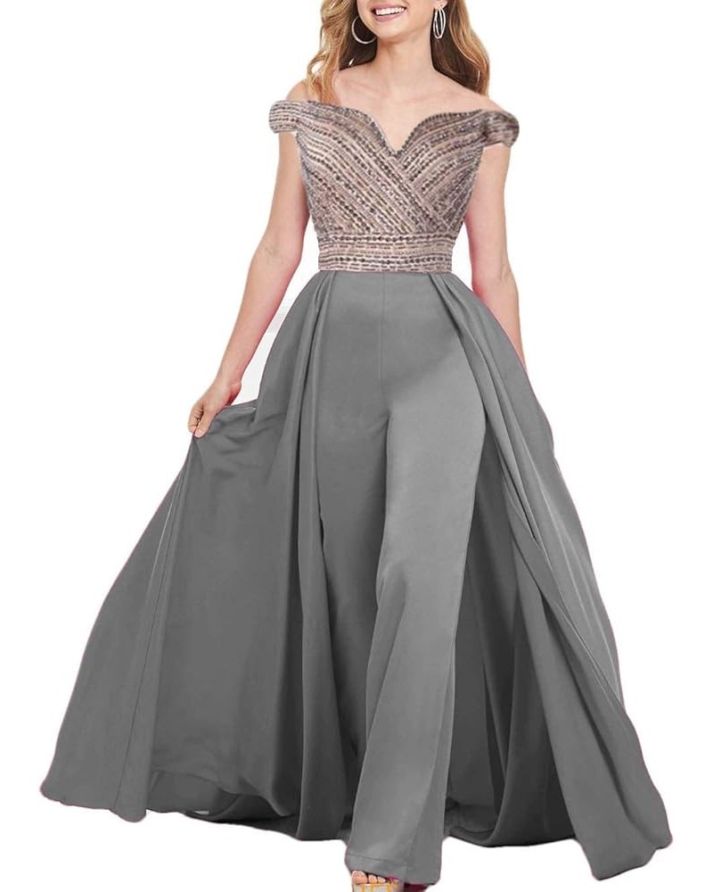 Beaded Evening Dresses Porm Jumpsuit Off The Shoulder Formal Pants Suit with Detachable Train Grey $60.06 Dresses