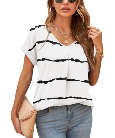 Summer Blouses for Women Elegant Casual V Neck Chiffon Blouses Tops Shirts F White Stripes $11.28 Blouses