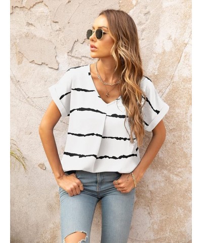 Summer Blouses for Women Elegant Casual V Neck Chiffon Blouses Tops Shirts F White Stripes $11.28 Blouses