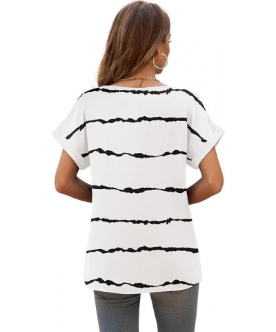 Summer Blouses for Women Elegant Casual V Neck Chiffon Blouses Tops Shirts F White Stripes $11.28 Blouses