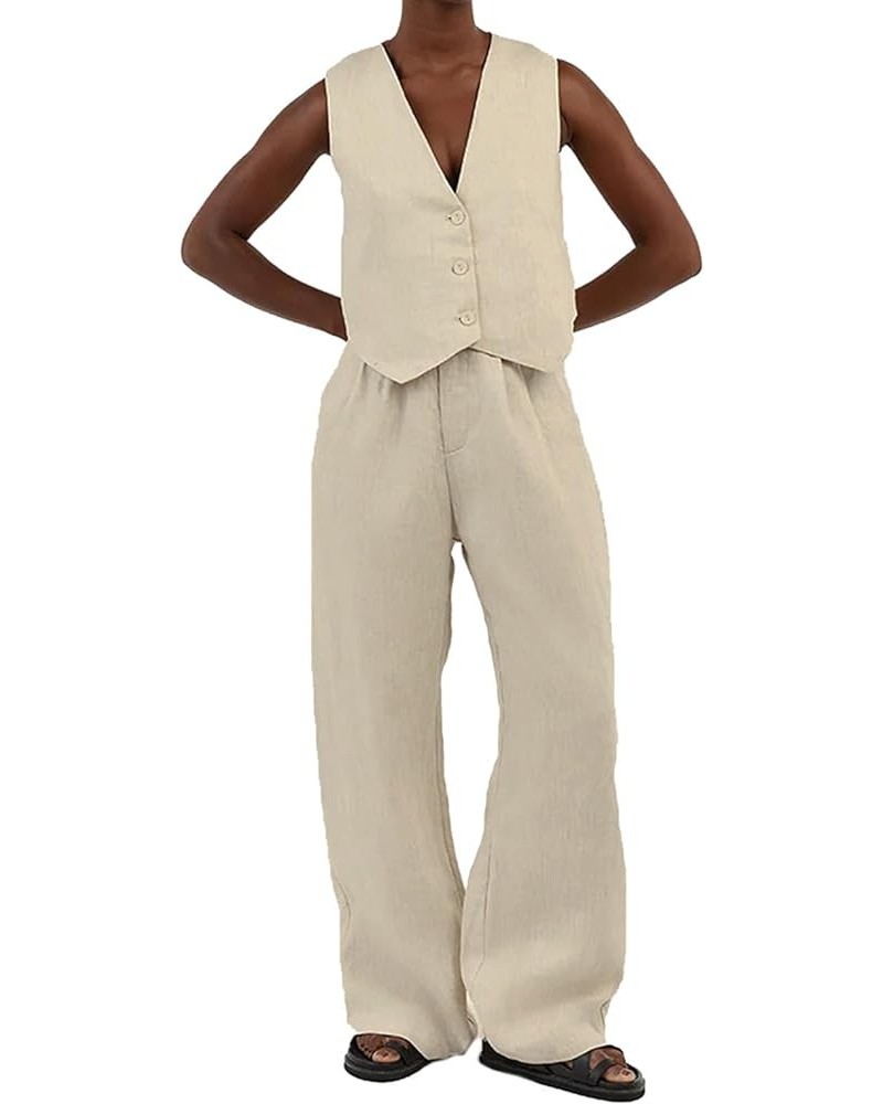 Women 2 Piece Outfits Button Up Vest Waistcoat Crop Top and Wide Leg Pants Set Linen Dressy Matching Sets Khaki $22.41 Active...