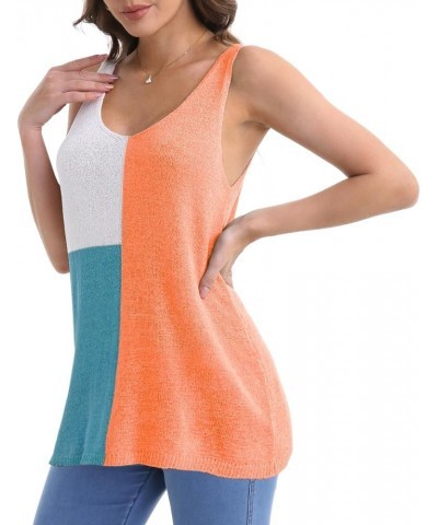 Women's V Neck Knit Tank Tops Casual Color Block Striped Sleeveless Shirts Orange $6.26 Tanks