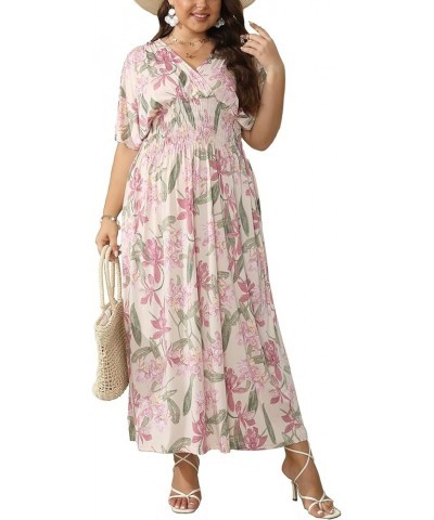 Women's Plus Size Hawaii Empire Waist Bat Short Sleeve Casual Floral Print Boho Maxi Dress Apricot Flowers $21.65 Dresses