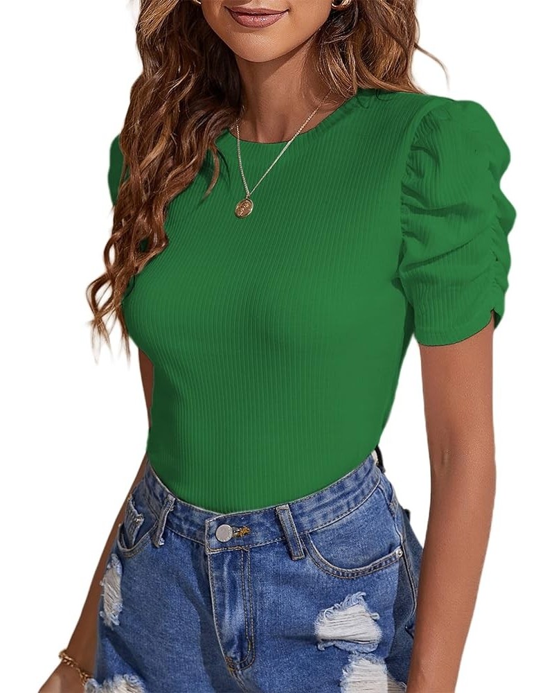 Women's Casual Puff Short Sleeve Top Crewneck Solid Slim Fit T Shirt Blouse Green $14.62 Blouses