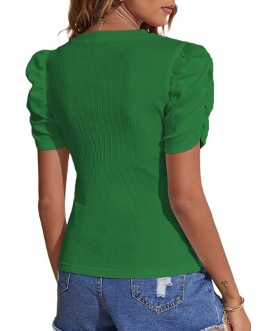 Women's Casual Puff Short Sleeve Top Crewneck Solid Slim Fit T Shirt Blouse Green $14.62 Blouses