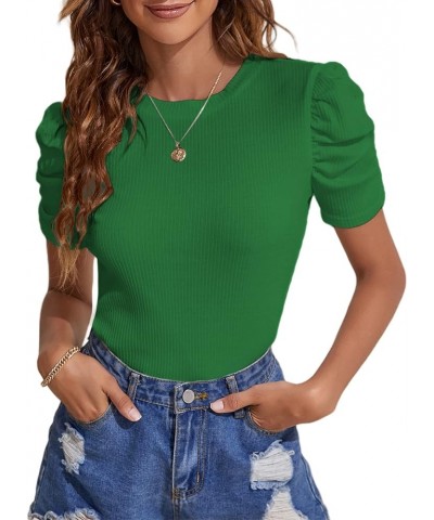 Women's Casual Puff Short Sleeve Top Crewneck Solid Slim Fit T Shirt Blouse Green $14.62 Blouses