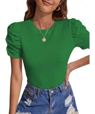 Women's Casual Puff Short Sleeve Top Crewneck Solid Slim Fit T Shirt Blouse Green $14.62 Blouses