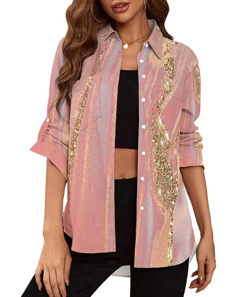 Womens Button Down Shirts Roll Up Long Sleeve Casual Blouse Shirts Tops Z-gold Powder Pink $11.60 Blouses