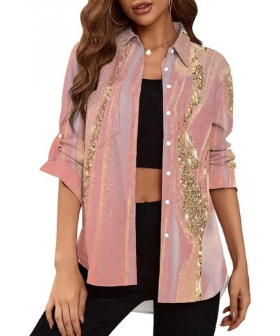 Womens Button Down Shirts Roll Up Long Sleeve Casual Blouse Shirts Tops Z-gold Powder Pink $11.60 Blouses