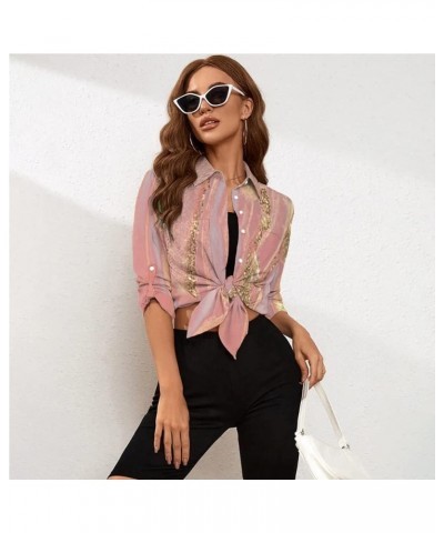 Womens Button Down Shirts Roll Up Long Sleeve Casual Blouse Shirts Tops Z-gold Powder Pink $11.60 Blouses