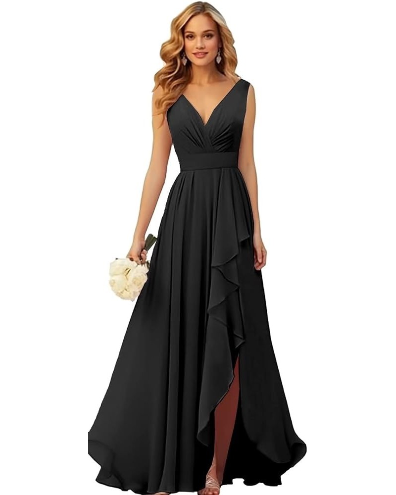 Ruffle Bridesmaid Dresses for Women Wedding Long V Neck Chiffon Formal Dress with Slit Black $20.64 Dresses