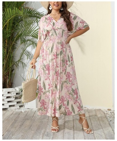 Women's Plus Size Hawaii Empire Waist Bat Short Sleeve Casual Floral Print Boho Maxi Dress Apricot Flowers $21.65 Dresses